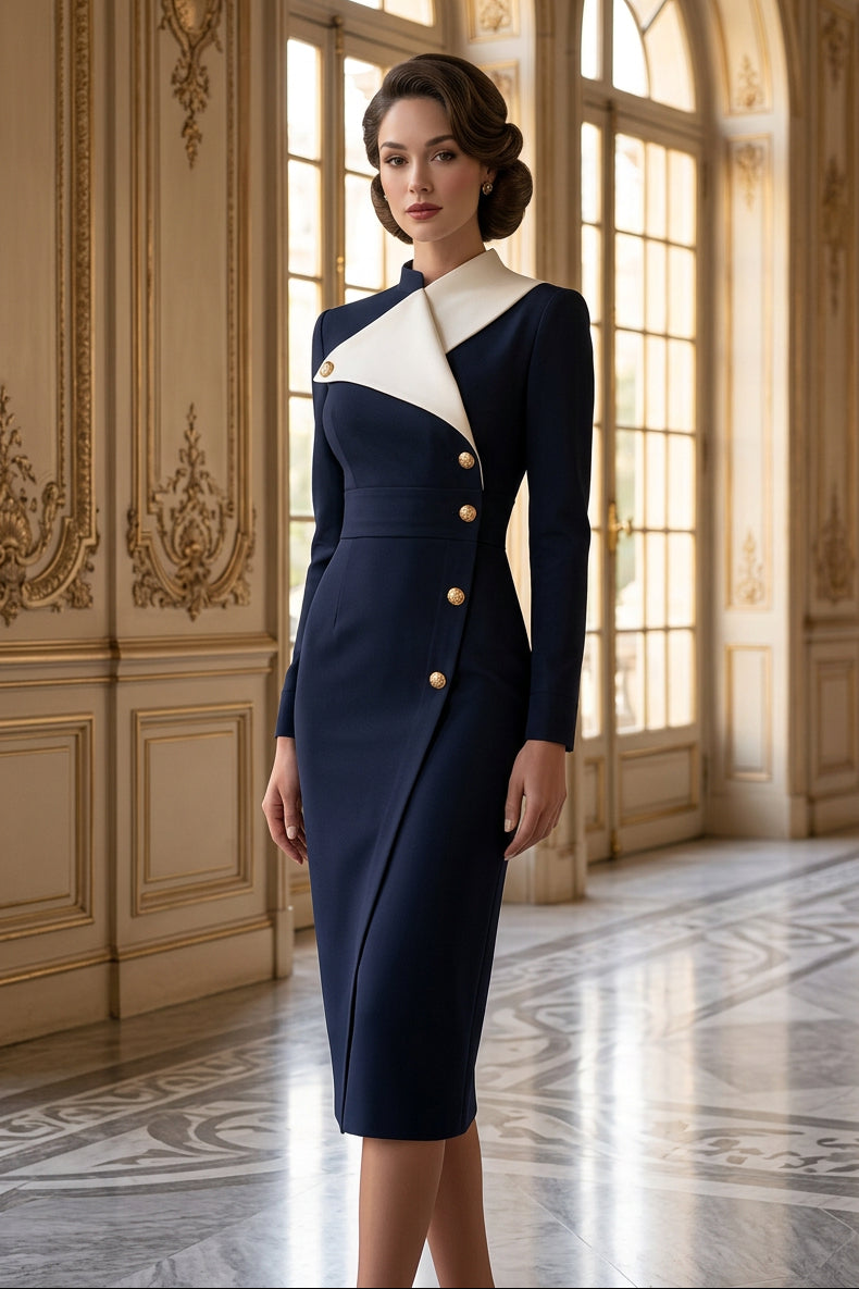 Asymmetric Lapel Buttoned Sheath Dress