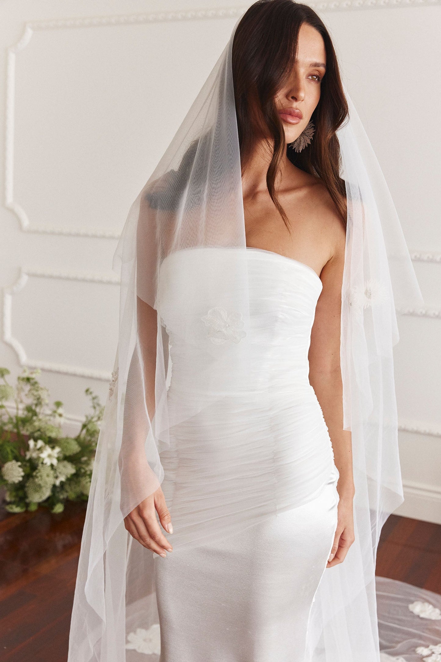 Ruched Strapless Mermaid Wedding Dress with Sheer Sleeves