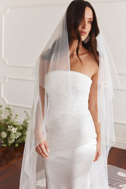 Ruched Strapless Mermaid Wedding Dress with Sheer Sleeves
