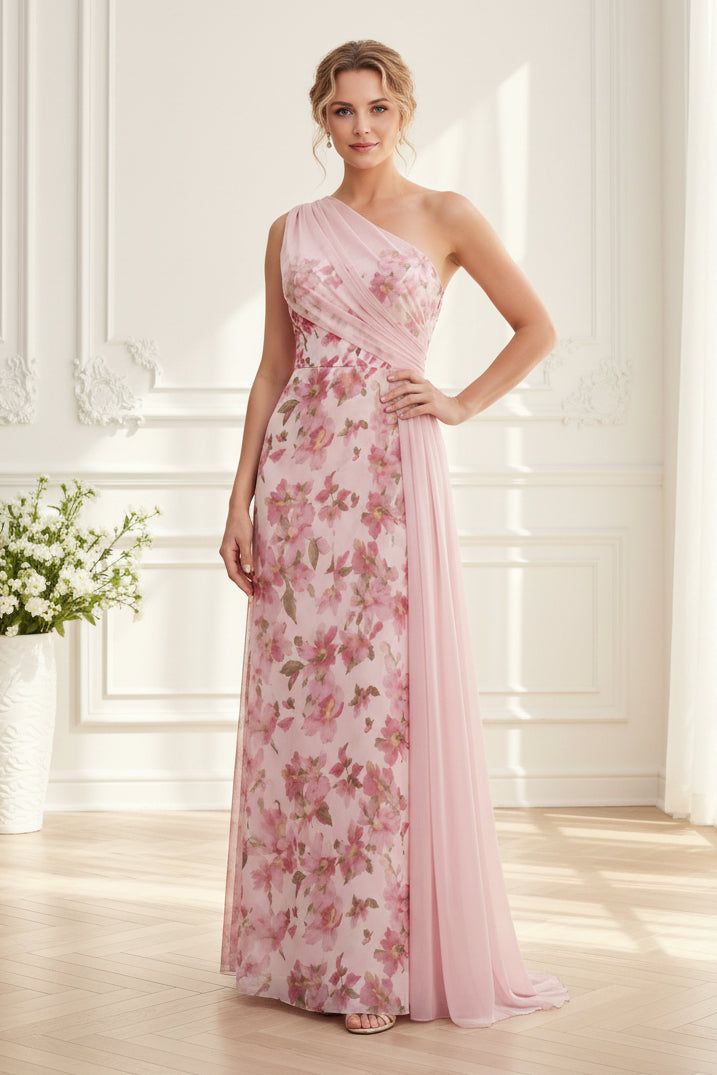 One-Shoulder Floral Print Evening Gown with Drape