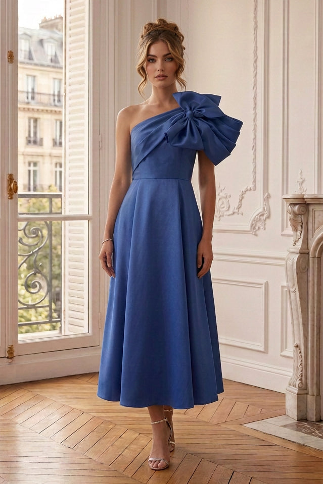 One-Shoulder Bow Midi A-Line Dress