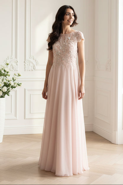 Embroidered Illusion Cap Sleeve Gown