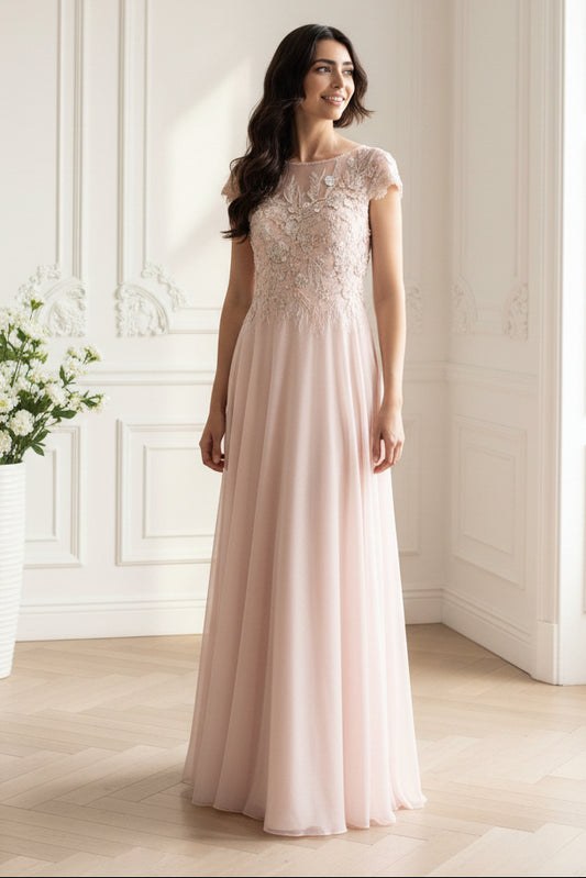 Embroidered Illusion Cap Sleeve Gown