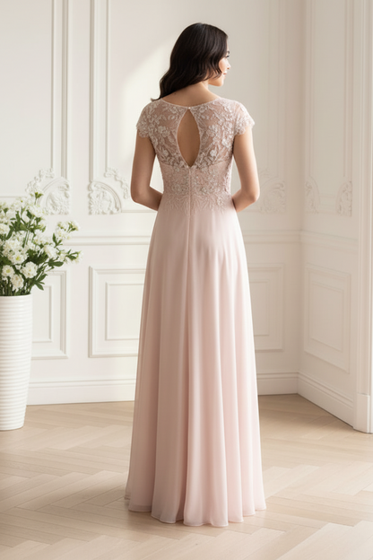 Embroidered Illusion Cap Sleeve Gown
