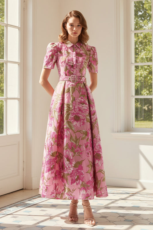 Collared Floral Jacquard A-Line Midi Dress