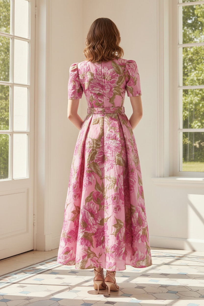 Collared Floral Jacquard A-Line Midi Dress