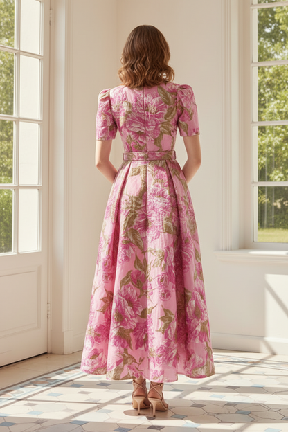 Collared Floral Jacquard A-Line Midi Dress