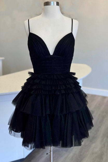 Pleated V-Neck Tiered Tulle Short Homecoming Dress