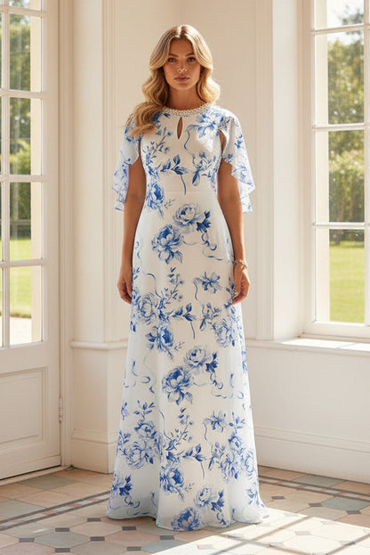 Floral Print Maxi Dress with Cape Sleeves & Beaded Neck