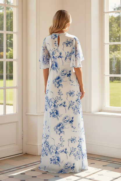 Floral Print Maxi Dress with Cape Sleeves & Beaded Neck