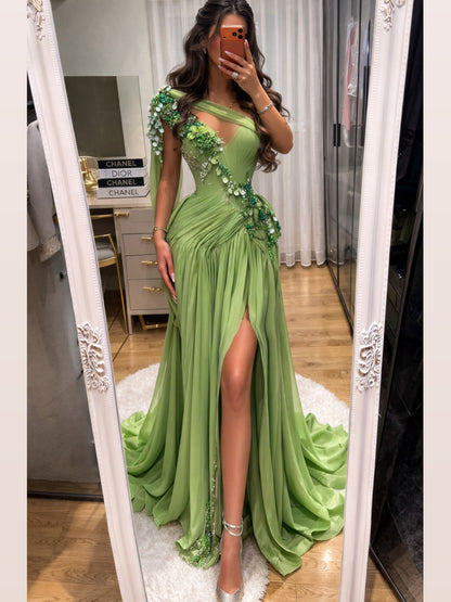 One-Shoulder Pleated Evening Gown with Floral Appliques
