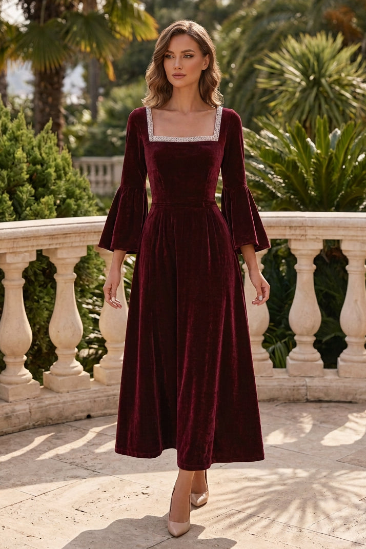 Embellished Square Neck Velvet Dress with Bell Sleeves