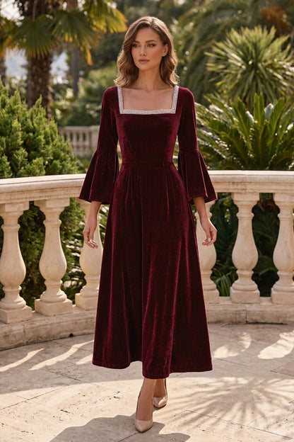 Embellished Square Neck Velvet Dress with Bell Sleeves