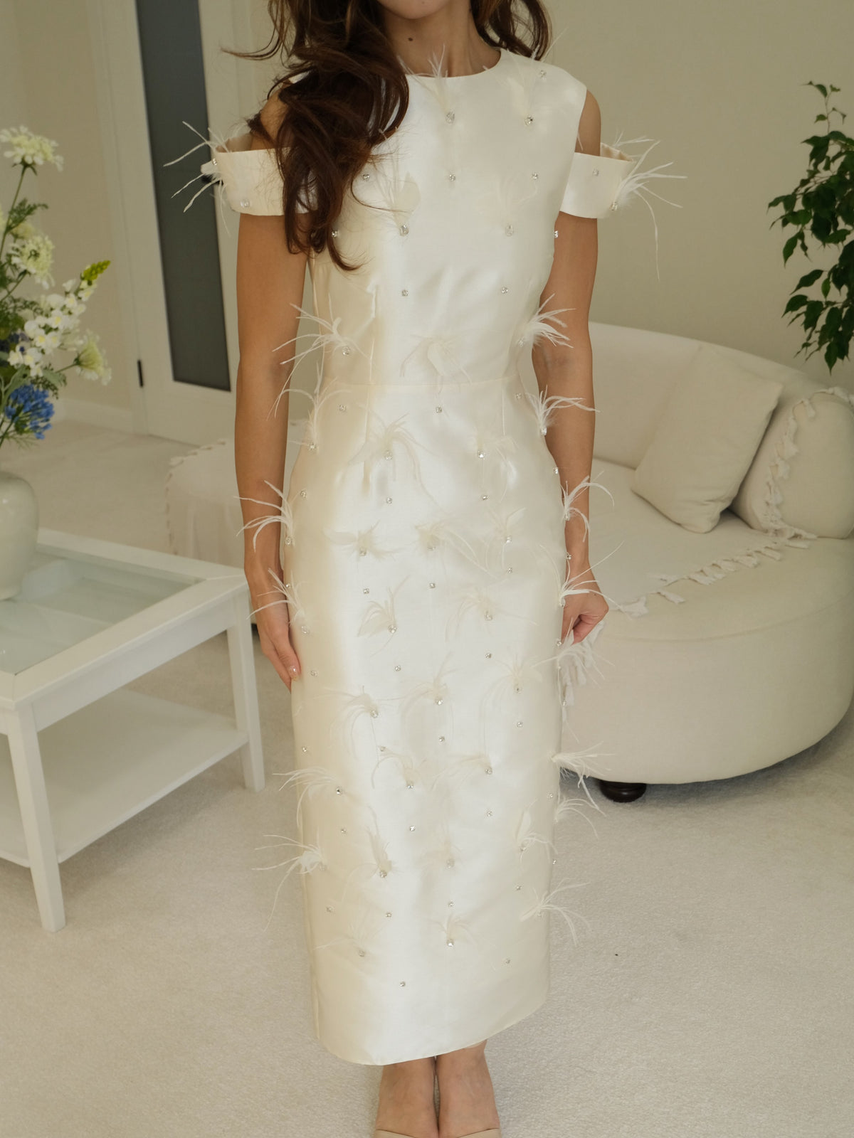 Feather Embellished Cold Shoulder Column Dress