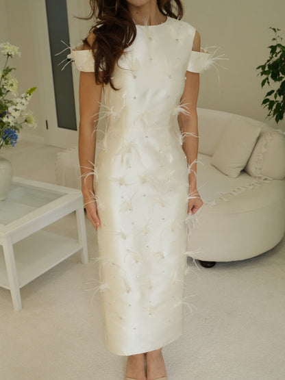 Feather Embellished Cold Shoulder Column Dress