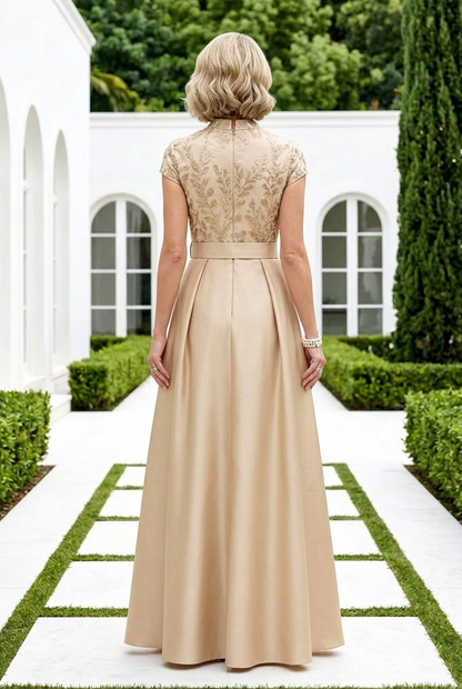 Embroidered Bodice Belted A-Line Evening Gown