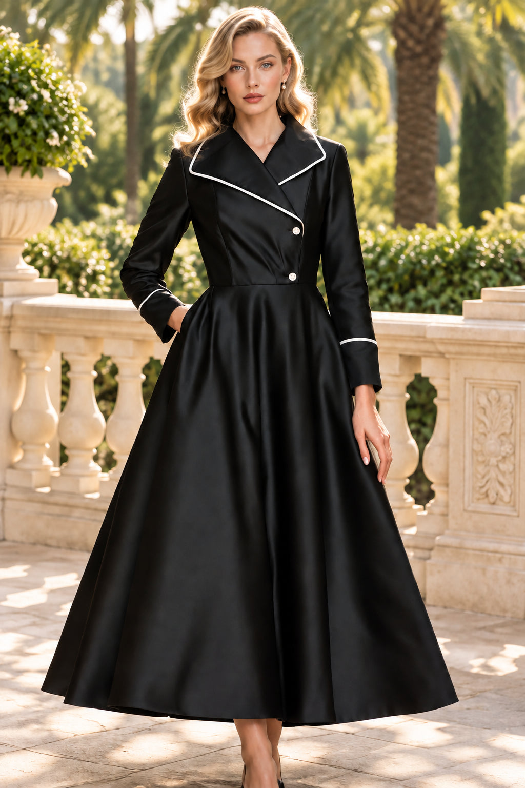 Collared Midi Coat Dress with Contrast Piping