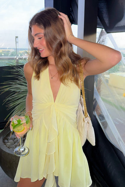 Ruffle Front Halter Mini Dress with Deep V Neckline