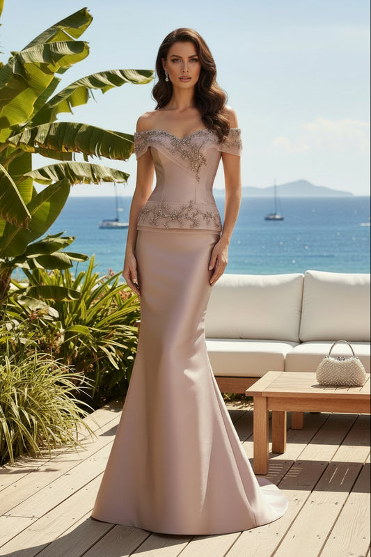 Off-the-Shoulder Beaded Satin Mermaid Gown