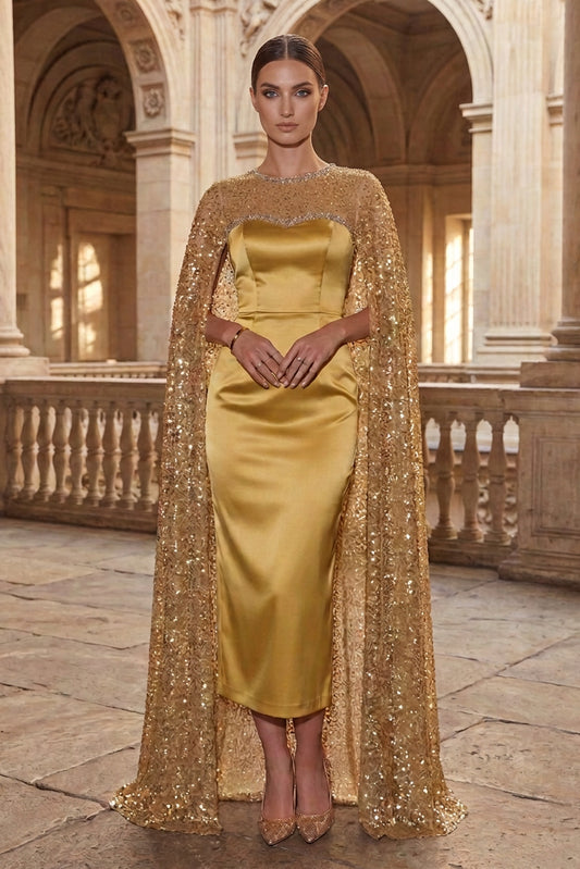Satin Midi Dress with Sequin Cape Overlay