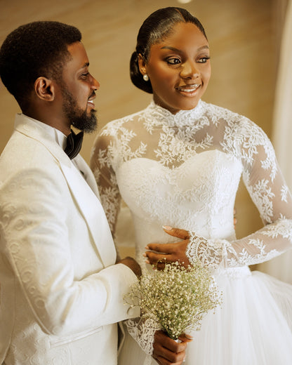High Neck Lace Long Sleeve Ball Gown Wedding Dress