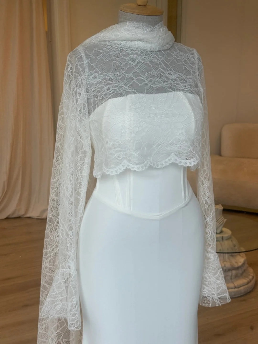 High-Neck Lace Mermaid Gown with Cape