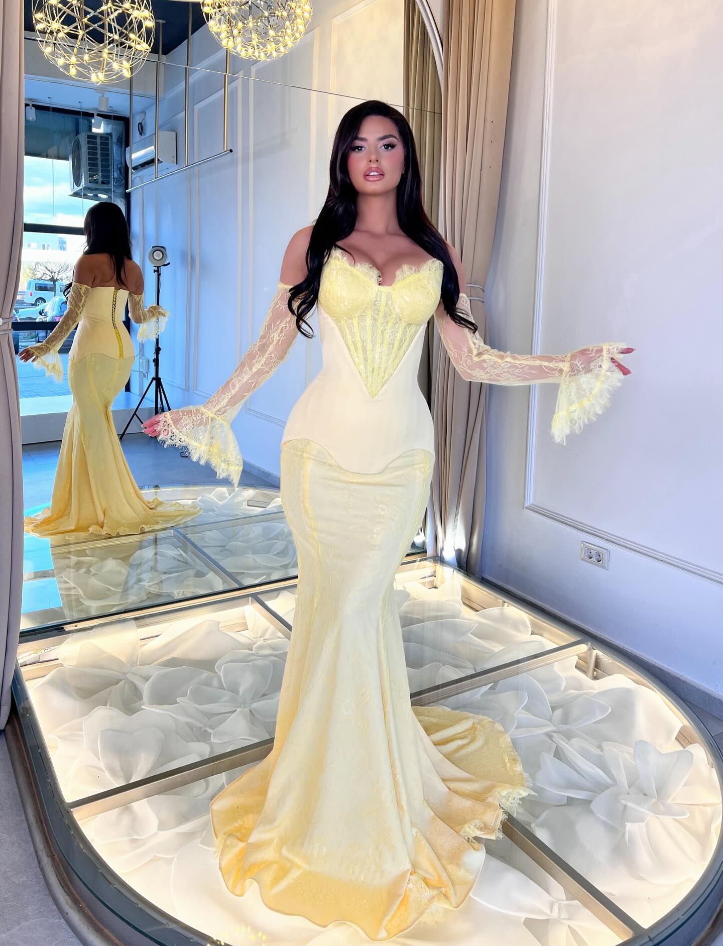 Corset Mermaid Evening Gown with Lace Sleeves