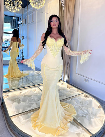 Corset Mermaid Evening Gown with Lace Sleeves