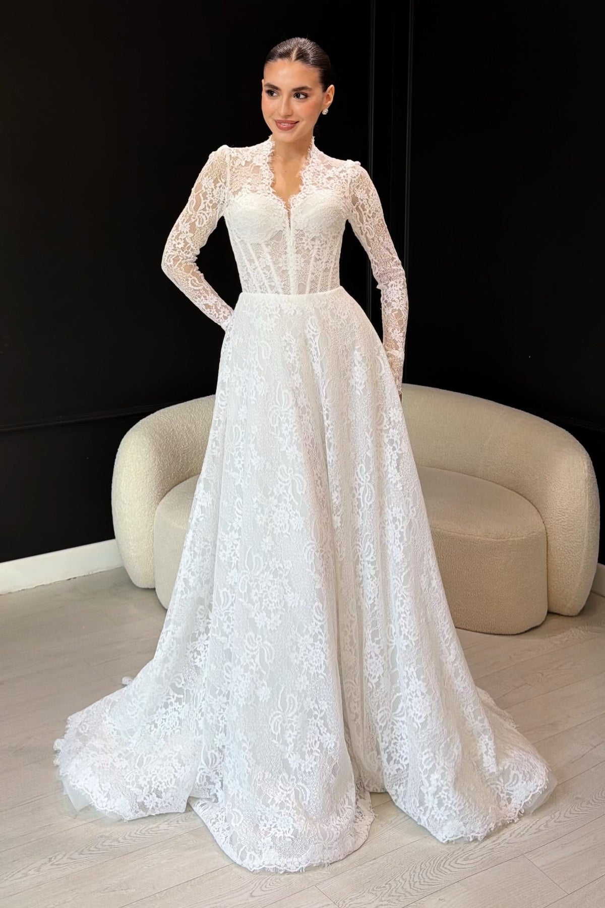 Lace A-Line Wedding Dress with High Neck Bodice