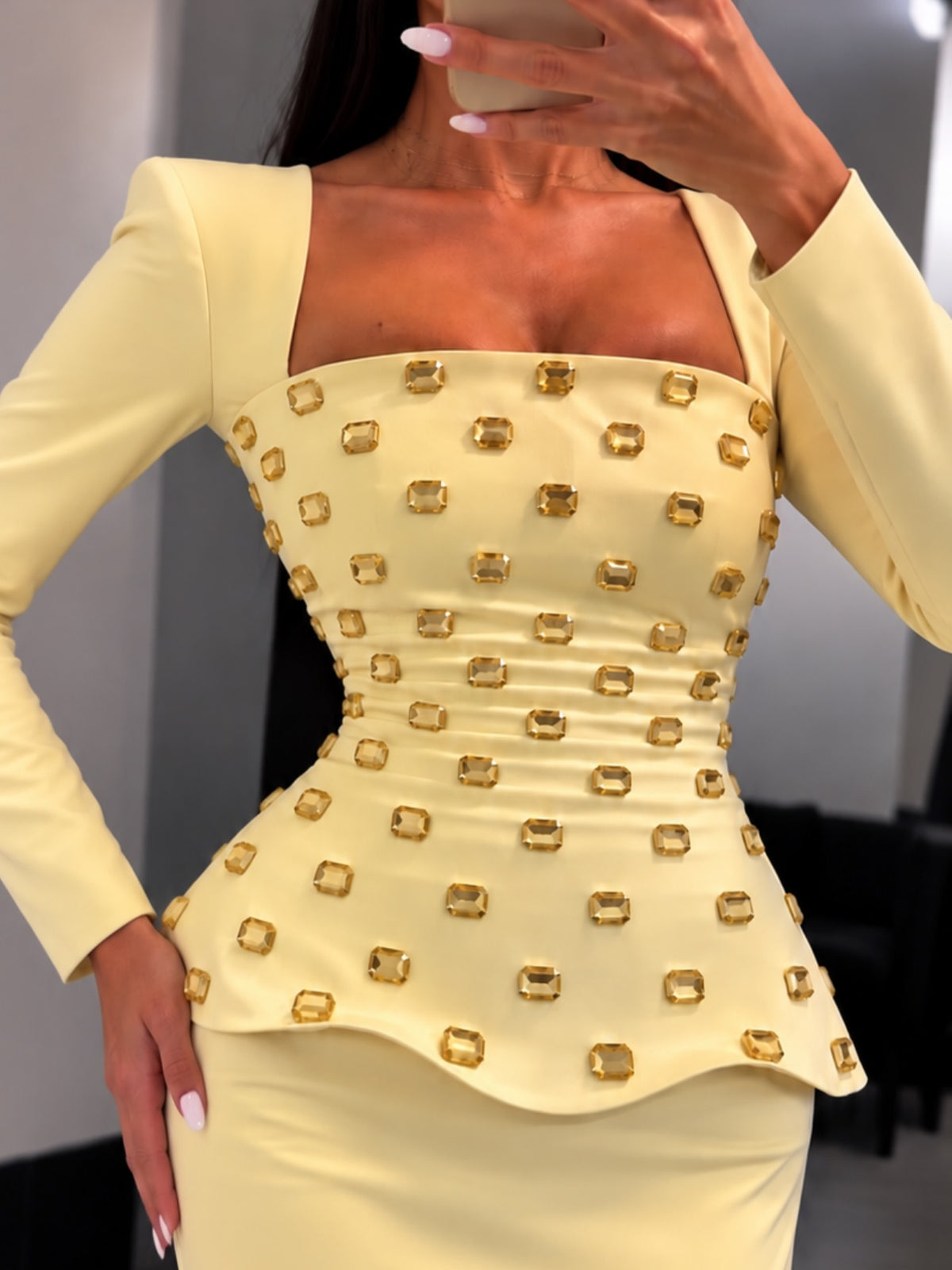 Square Neck Peplum Mermaid Gown with Gem Accents