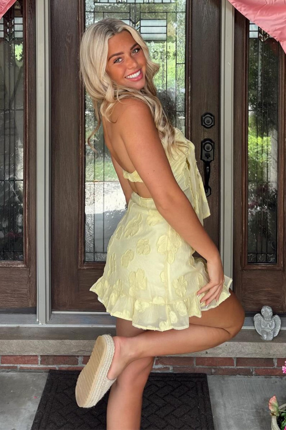 Strapless Floral Textured Mini Dress with Bow Detail
