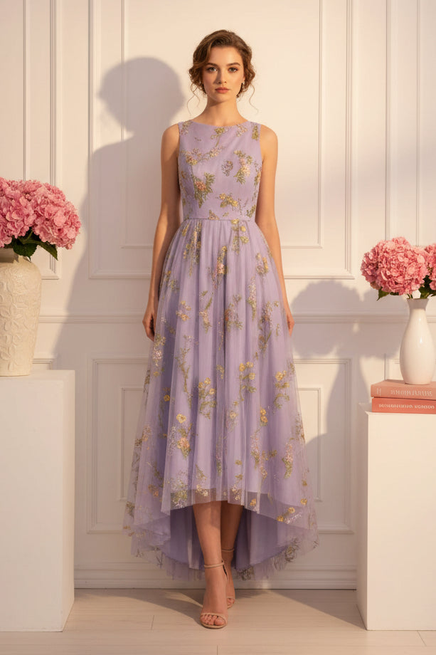 Floral Embroidered High-Low Midi Dress
