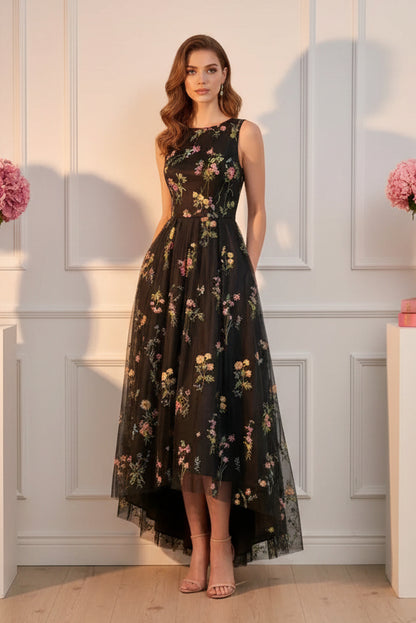 Floral Embroidered High-Low Midi Dress