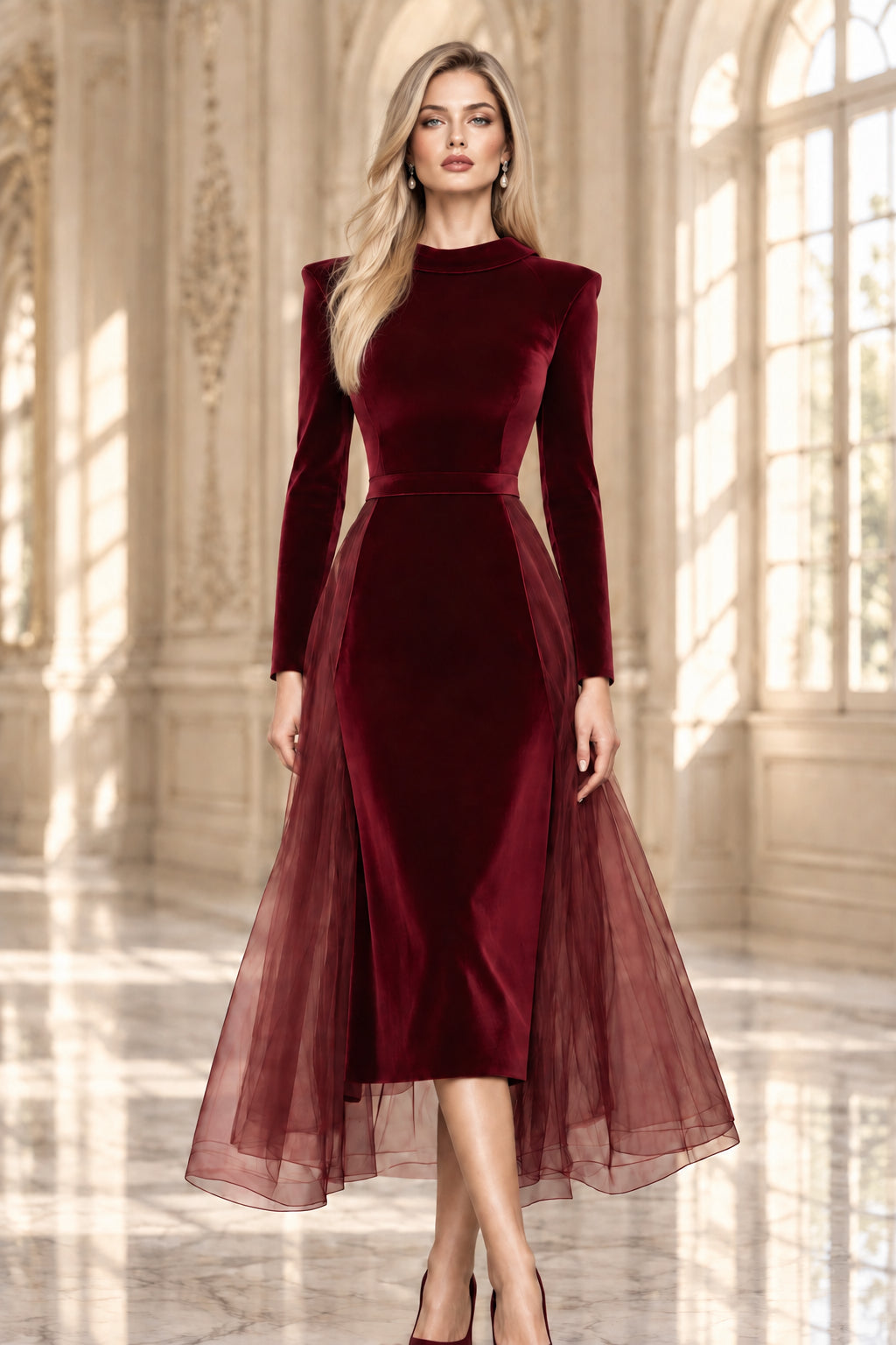 Long Sleeve Velvet Midi Dress with Tulle Side Panels
