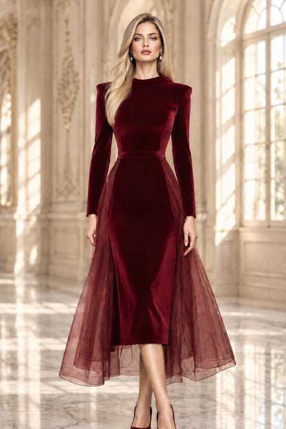Long Sleeve Velvet Midi Dress with Tulle Side Panels