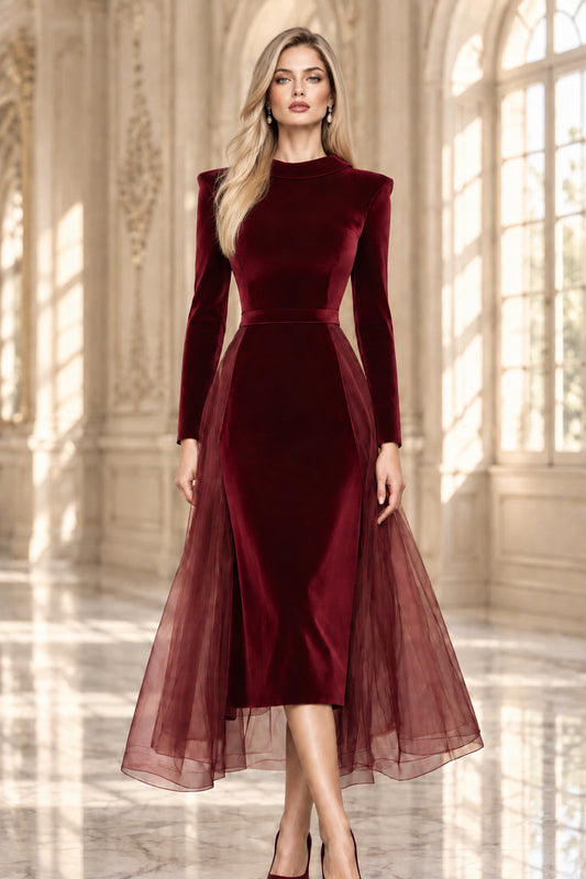 Long Sleeve Velvet Midi Dress with Tulle Side Panels