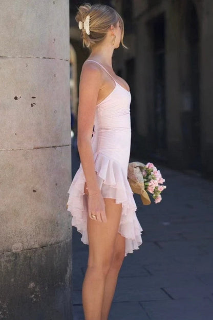 Ruffled Asymmetrical High-Low Mini Slip Dress