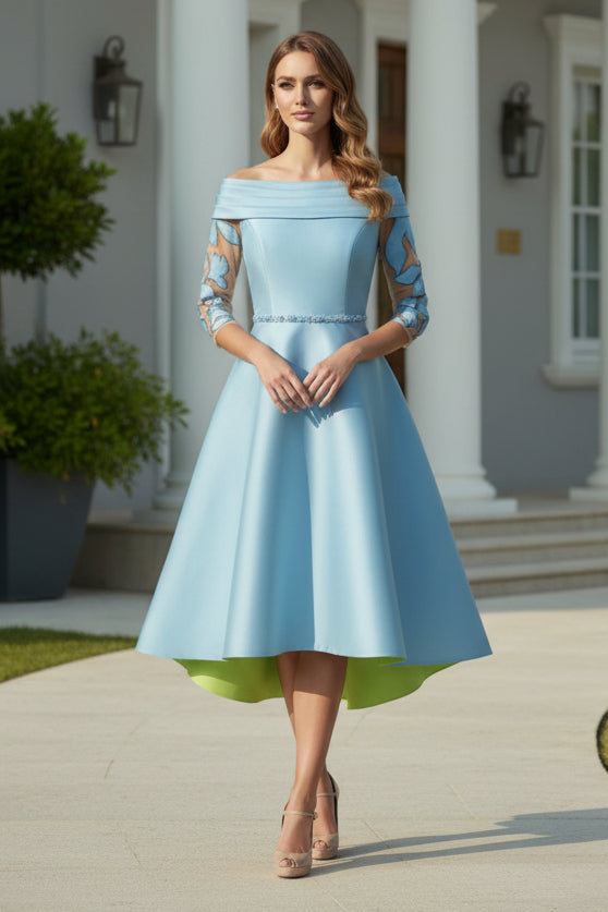 Off-the-Shoulder A-Line Midi Dress with Illusion Sleeves
