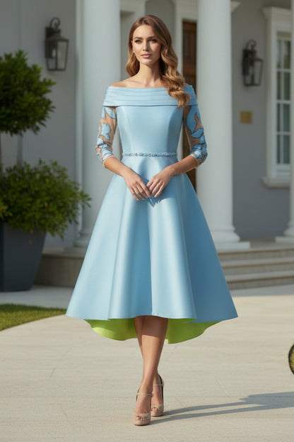 Off-the-Shoulder A-Line Midi Dress with Illusion Sleeves