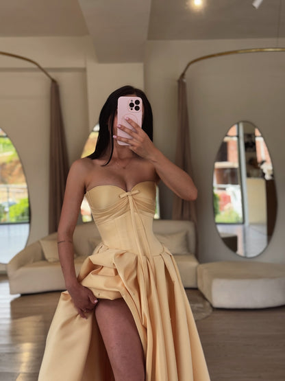 Strapless Corset Ball Gown with High Slit