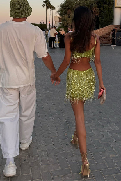 Fringed Sequin Two-Piece Crop Top and Mini Skirt Set