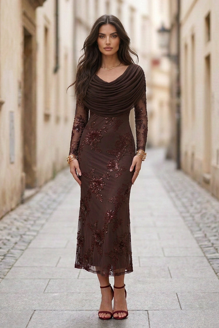 Draped Cowl Neck Sequin Floral Ankle-Length Dress