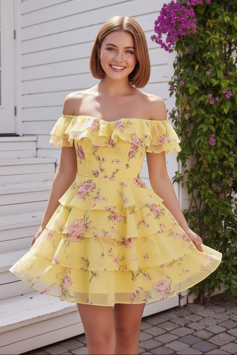 Off-the-Shoulder Floral Tiered Mini Dress