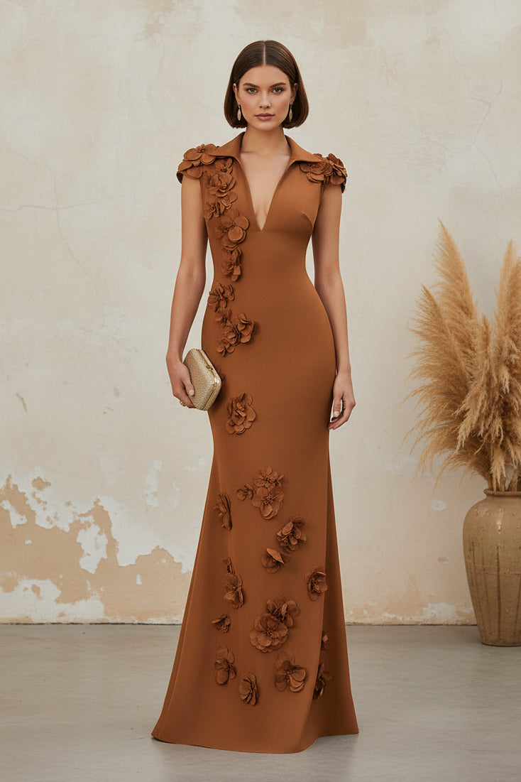 Collared V-Neck Mermaid Evening Gown with 3D Flowers