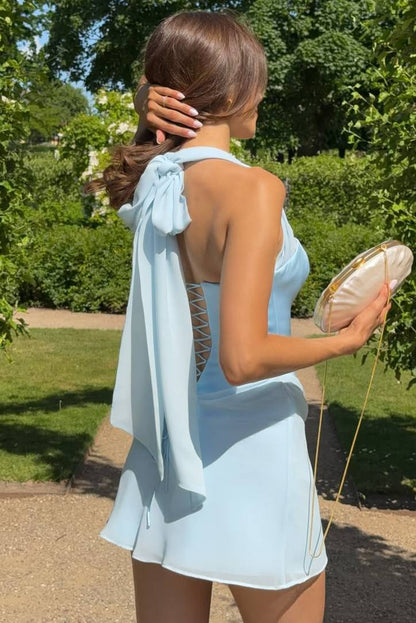 Halter Corset Mini Dress with Chiffon Drape