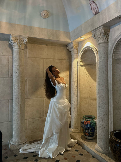 Off-the-Shoulder Corset Wedding Dress with Pick-Up Skirt