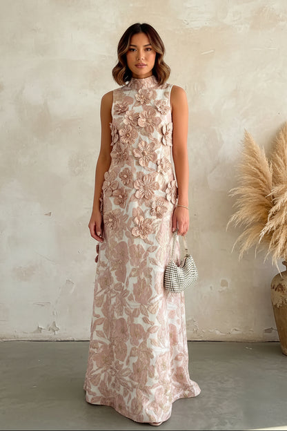 High Neck Jacquard Maxi Dress with 3D Flowers