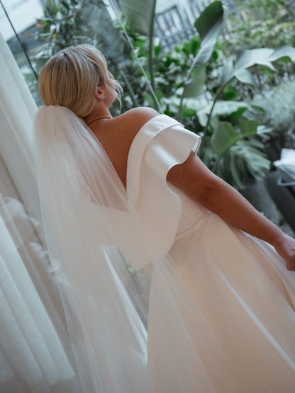Off-Shoulder Satin A-Line Wedding Dress with 3D Flower