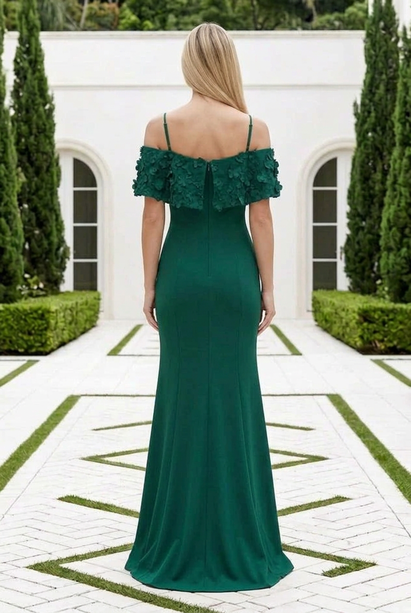 Cold-Shoulder Gown with 3D Floral Ruffle & Slit