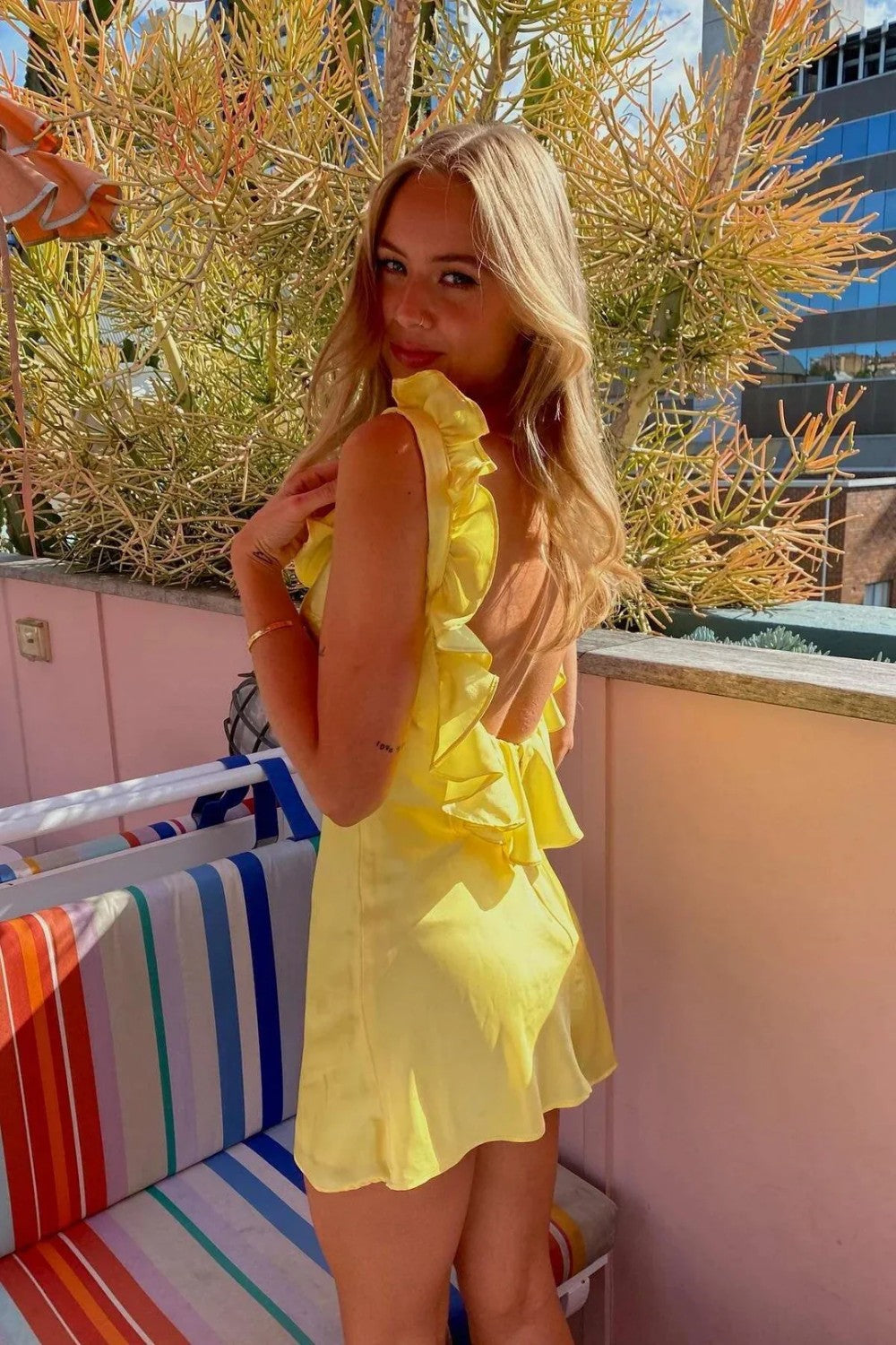 Ruffle Trim One Shoulder Satin Mini Dress